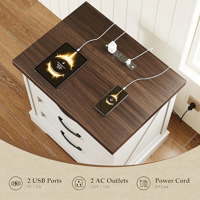 AODK 24 Inch Farmhouse Nightstands with Charging Station, Bedside Tables with Three Drawers, Bed Side Table with Storage, End Tables with Outlet and USB for Bedroom, Living Room, White & Dark Walnut
