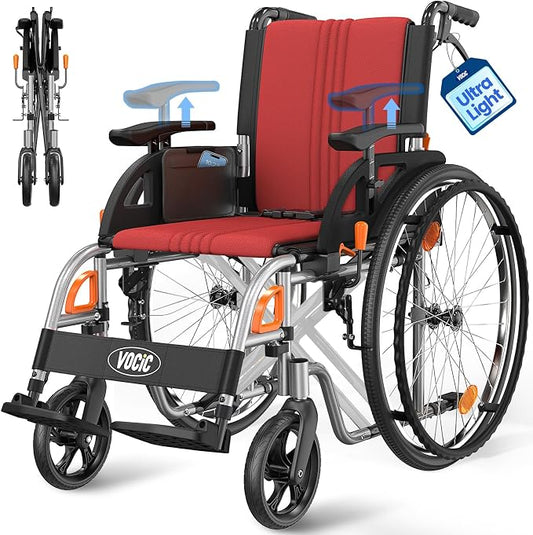 VOCIC Ultra Lightweight Wheelchair for Adults, 23lb Frame Portable Foldable Self-Propelled Wheelchairs for Seniors with Quick Release Wheels, Swing-Away Footrests,Flip-Back Arm, 300 lbs Red