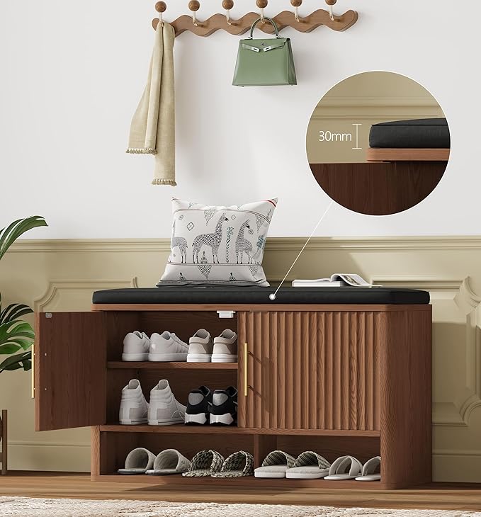 Fluted Shoe Storage Bench with Cushion, Entryway Bench with Adjustable Shelves and Open Bottom Shelf, 3-Tier Hidden Shoe Cabinet Storage for Entryway, Hallway, Living Room, Bedroom, Walnut