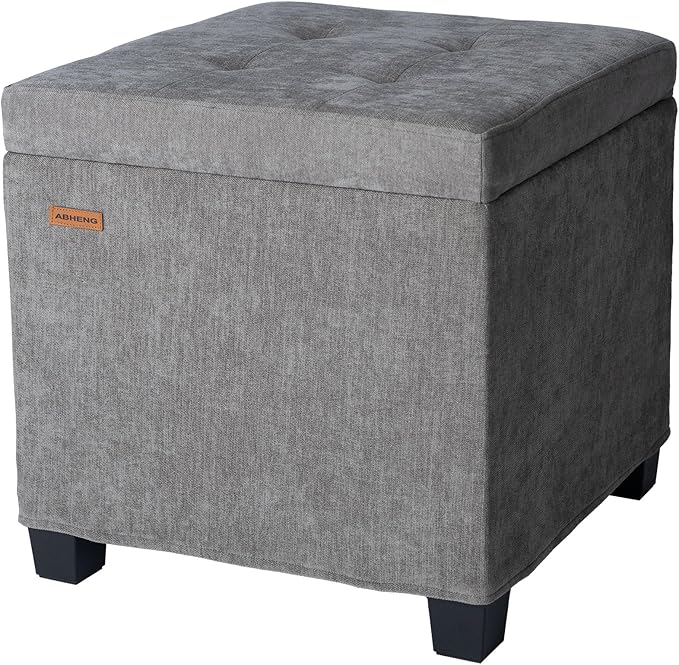 ABHENG Chenille Cover Steel Frame Ottoman with 48L Storage,17.7" x 17.7" x 17.7" Square Linen Storage Ottoman Stool Cube with Legs,for Dorm Livingroom Gray UASND641G