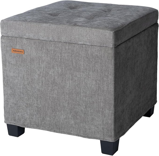 ABHENG Chenille Cover Steel Frame Ottoman with 48L Storage,17.7" x 17.7" x 17.7" Square Linen Storage Ottoman Stool Cube with Legs,for Dorm Livingroom Gray UASND641G