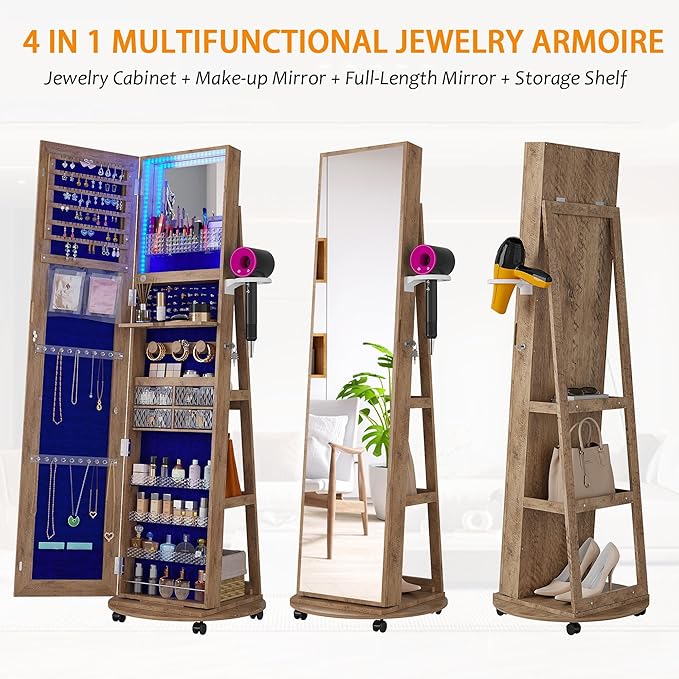 Full Length Mirror With Jewelry Storage, 360 Swivel Jewelry Armoire Organizer With Lights, Lockable Cabinet Standing, Christmas Gifts, Walnut