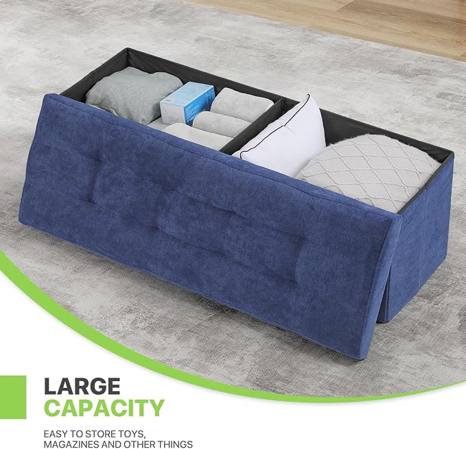 Magshion Folding Storage Ottoman Bench, 43 Inches Ottoman Foot Rest, Large End of Bed Bench, Storage Chest for Living Room, Entryway, Bedroom, 600 lbs Load Capacity, 15 x 43 x 15 Inches, Navy Blue