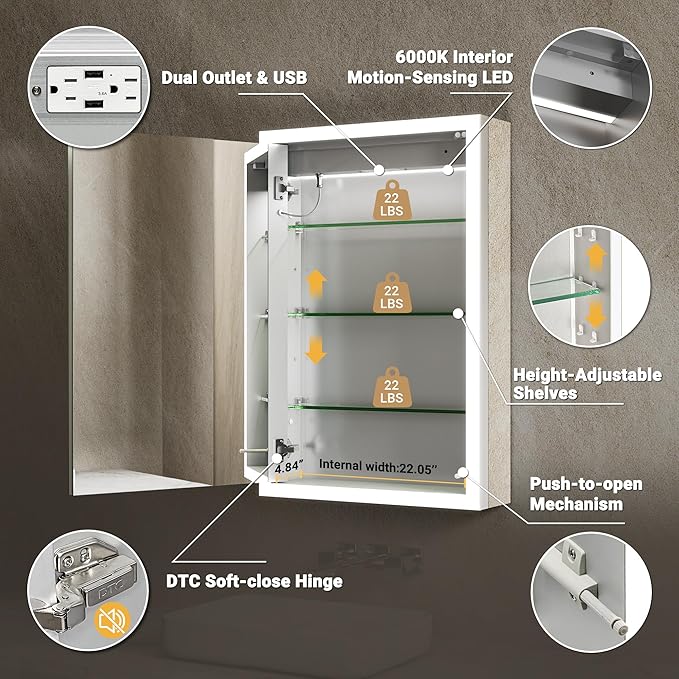 LED Medicine Cabinet with Mirror, 24x32 Surface or Recessed Lighted Medicine Cabinet with Mirror, Dimmable Fogless Aluminum Medicine Cabinet with Outlet, Time Display& Built-in Sensing Light