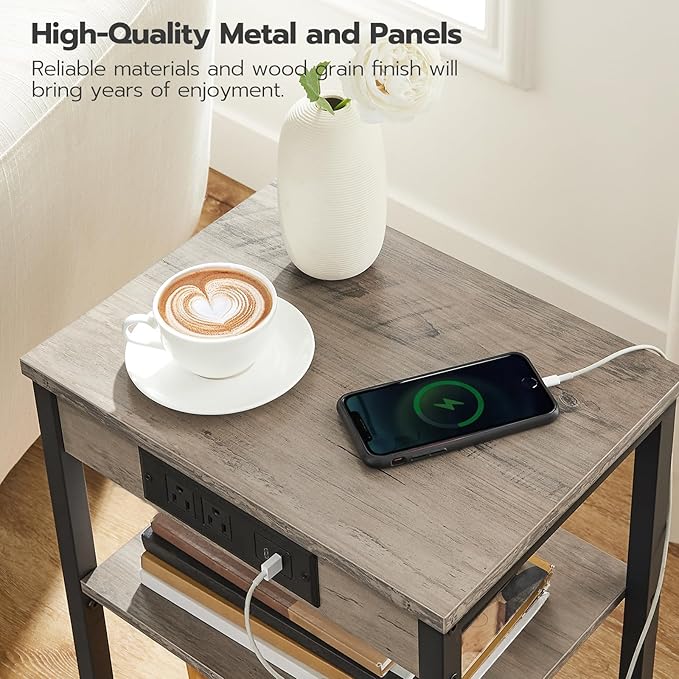 HOOBRO Side Tables Set of 2 with Charging Station and USB Port, Small End Tables for Small Space, 3-Tier Nightstands with Adjustable Shelf, for Living Room, Bedroom, Greige and Black BG112BZP201