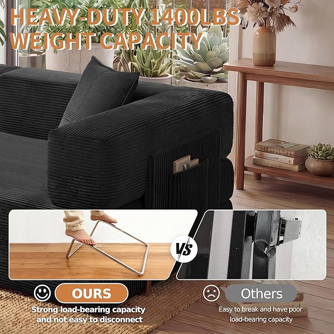 78.8" Convertible Sofa Bed with Armrest Pillow, 4-in-1 Sleeper Couch Bed for Livingroom, Modular Corduroy Boneless couches, No Assembly (Black)