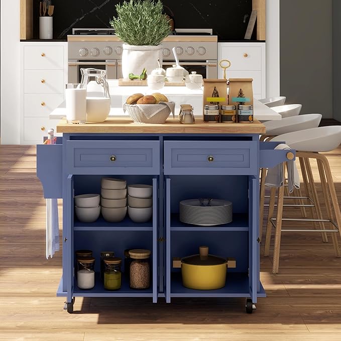 HOMCOM Kitchen Island Cart with Solid Wood Top, 44" Mobile Kitchen Island Table on Wheels with Storage Cabinets, 2 Drawers, Adjustable Shelves, Spice Rack & Towel Bar for Dining Room, Navy Blue