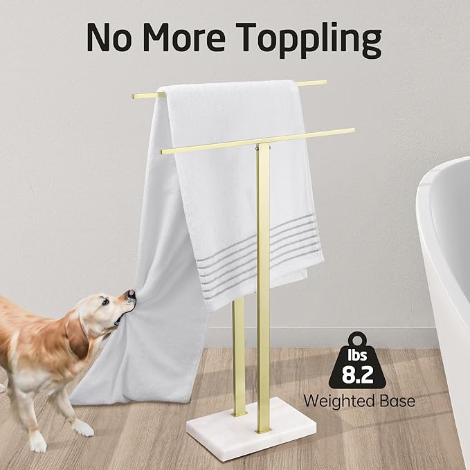 KES Standing Towel Rack with Marble Base, 2-Tier Towel Stand for Bathroom Floor, Upgrade Steady Design, T-Shaped Towel Drying Rack Gold, SUS304 Stainless Steel, Brushed Gold Finish, BTH217-BZ