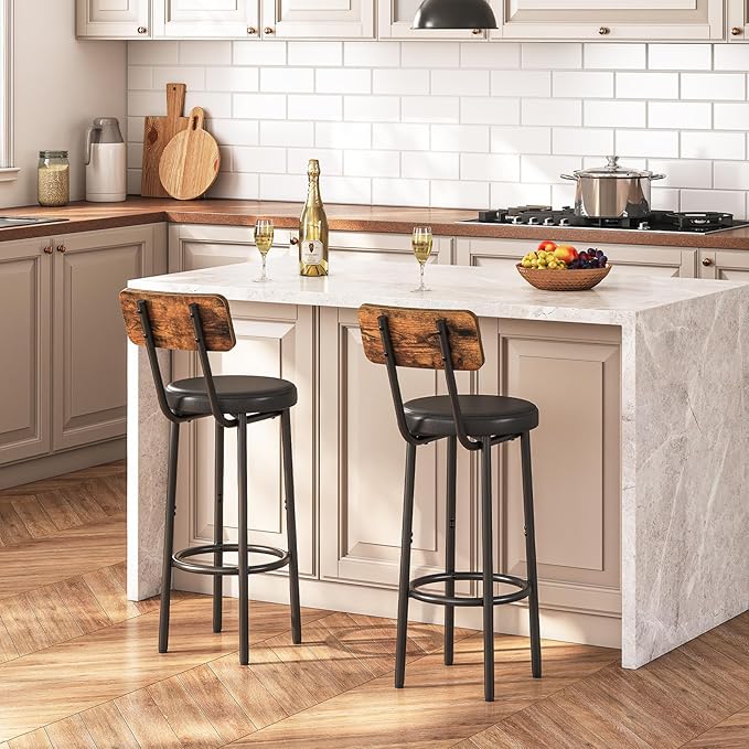 HOOBRO Bar Stools, Bar Stools Set of 2 with PU Upholstered, Bar Chairs with Footrest and Back, 26" Bar Stools for Kitchen Island, Dining Room, Easy to Assemble, Rustic Brown and Black BF31BY01G2