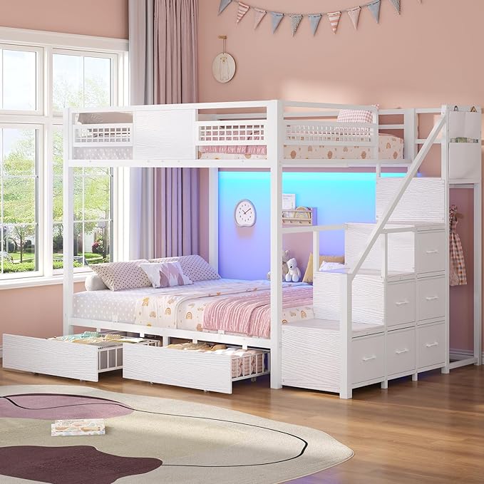 BTHFST Bunk Bed Full Over Full with Stairs, LED Lights Full Bunk Beds with 2 Storage Drawers & 6 Fabric Drawers, Metal Full Loft Beds with Safety Guardrail & Stairs, Space Saving, White