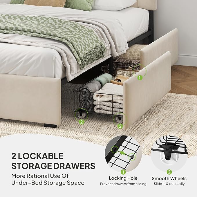 Welzona Full Bed Frame with Storage and Headboard, Velvet Upholstered Metal Platform Corner Bed Frame with Vertical Tufted Headboard, 2 Storage Drawer, 3-Height Level, Noise Free, Easy Assembly, White