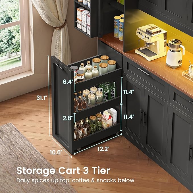 Itaar 71" Kitchen Pantry Cabinet with Charging Station and Led Light, Kitchen Storage Cabinets with Microwave Stand, 59" Wide Pantry Storage Cabinet with Storage Cart 3 Tier for Dining Room, Black