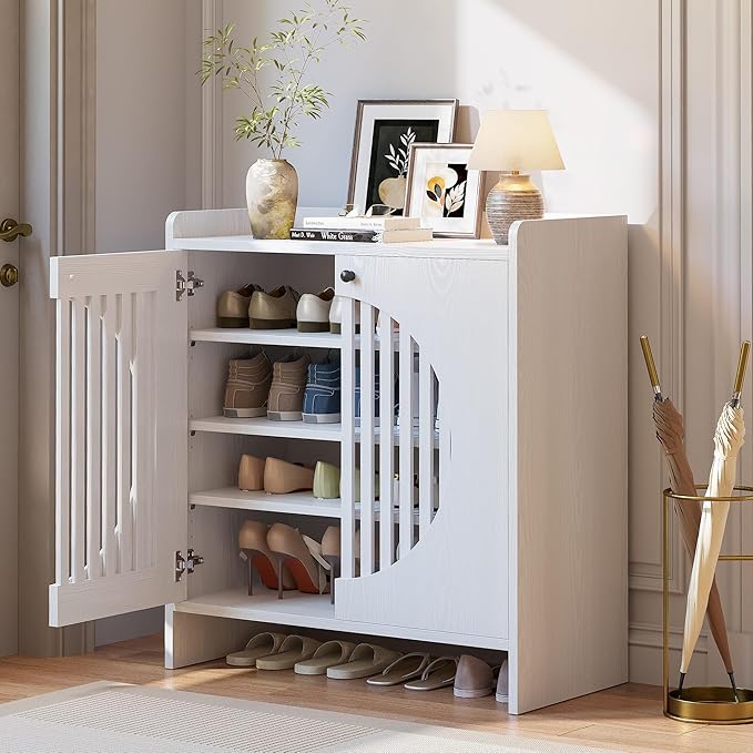 LIKIMIO Shoe Cabinet with Adjustable Shelves, 4-Tier Shoe Storage Cabinet with Slatted Doors, Freestanding Wooden Shoe Cabinet Storage for Entryway, Hallway, Living Room, White