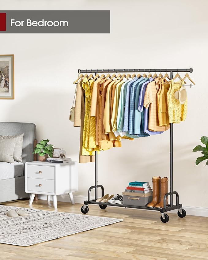 Sakugi Clothes Rack - Large-Capacity Clothing Racks for Hanging Clothes with Lockable Wheels, Space-Saving Metal Coat Rack for Bedroom, Laundry Room, Entryway, 45.6" x 16.9" x 59", Black