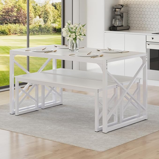 VECELO 55” Kitchen Dining Table Set for 4, Heavy-Duty Steel Frame & Wood-Grain Tabletop, Space-Saving Dinette Sets with 2 Benches for Breakfast Nook and Small Space, White