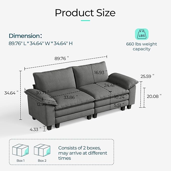 LINSY HOME 90" Modular Cloud Love Seat Sofa, Corduroy Soft Sectional Couch, Modern Comfy Love Seat, Perfect for Living Room, Apartment, Office, Grey