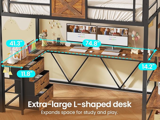 Itaar Stairway Twin Size Loft Bed with L Shaped Desk and Wardrobe, Metal Loft Bed Frame with Storage Stairs, 3 Fabric Drawers, LED Lights & Charging Sation, Rustic Brown