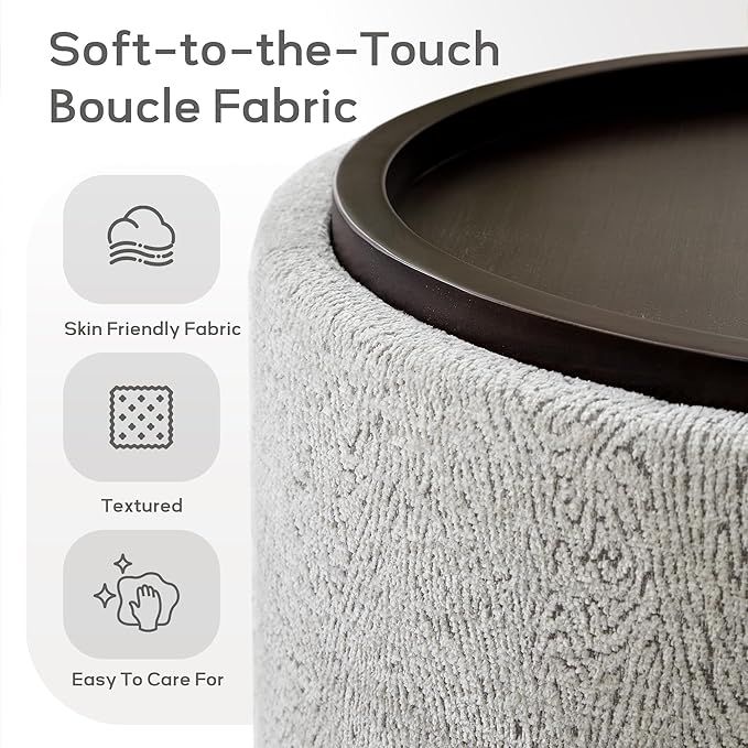 Zihanhome 30 Inch Round Storage Ottoman, Ottoman Coffee Table with Lift Off Lid, Boucle Modern Ottomans with Storage for Living Room, Bedroom, Apartments (White and Gray Striped)