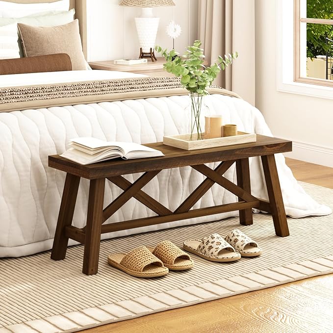Wnutrees 43" Farmhouse Wood Bench, Rustic Solid Wood Entryway Bench Seat with Double X-Structure for Dining Area Living Room Hallway, Structural Stability, Natural