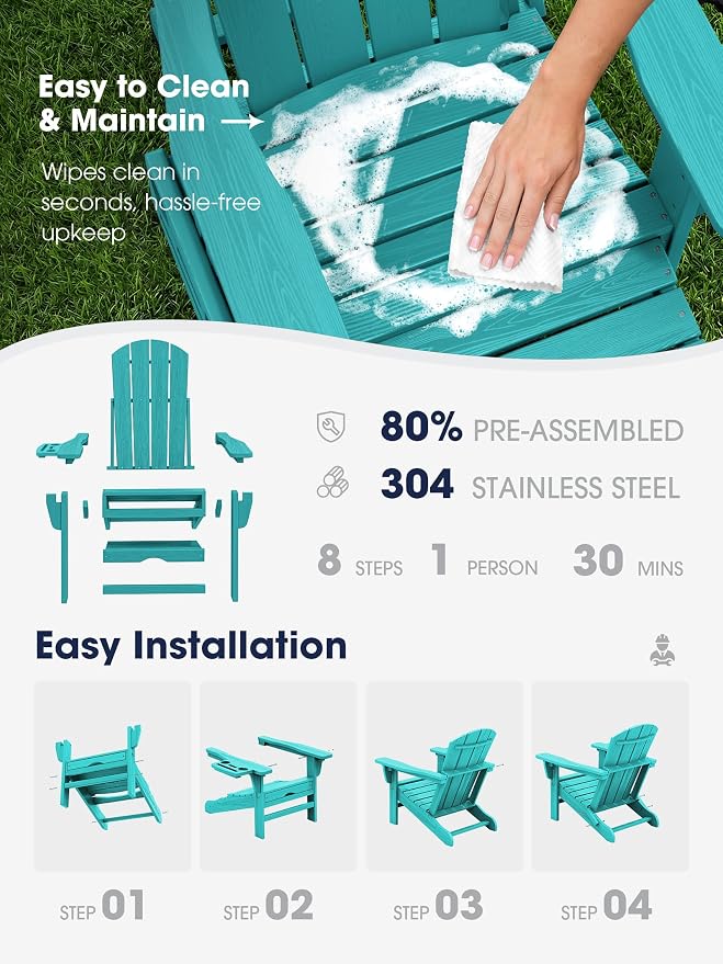 KINGYES Adjustable Folding Adirondack Chair with Footrest & 4-in-1 Multi-Functional Holder Set of 2, HDPE Reclining Adirondack Chair with Pull-Out Ottoman, Aruba