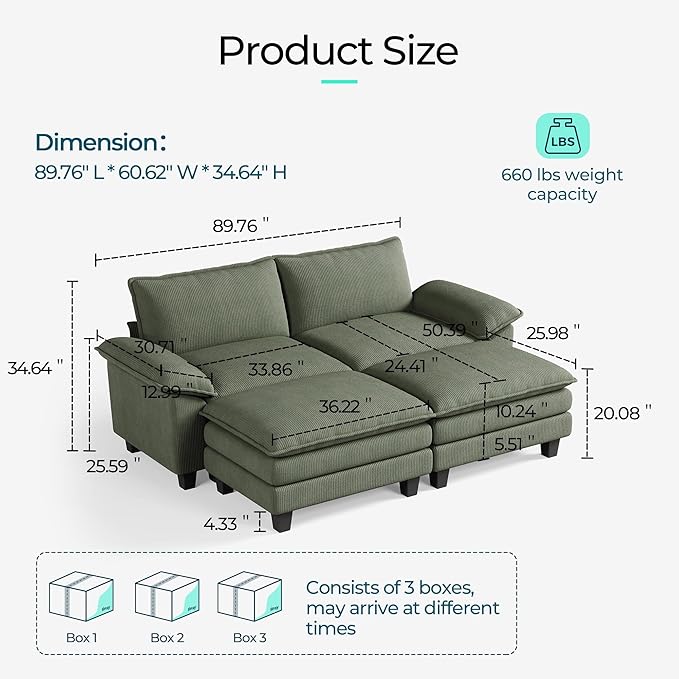 LINSY HOME 90" Modular Cloud Love Seat Sofa, Corduroy Soft Sectional Couch, Modern Comfy Love Seat with 2 Movable Ottoman, Perfect for Living Room, Apartment, Office, Green