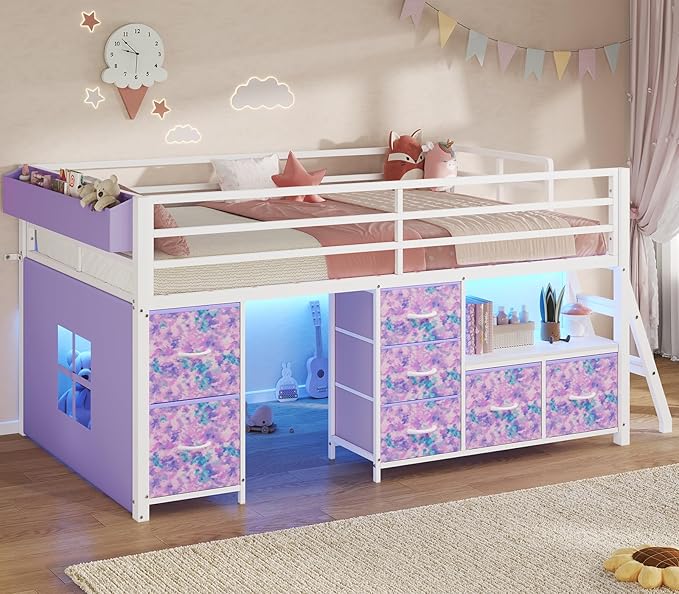 ADORNEVE Low Loft Bed Twin Size with 7 Storage Drawers, Bookcase and LED Lights, Metal Kids Loft Bed with 14" H Safety Guardrail,Inclined Ladder and Play Curtain, Under-Bed Play Space, Purple