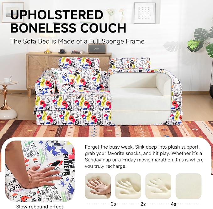 79" Convertible Boneless Couch for Small Spaces, 6-in-1 Corduroy Sofa Bed with High Backrest, Pillows, High-Density Foam Loveseat Sleeper Couch in a Box for Living Room, No Assembly, Graffiti A