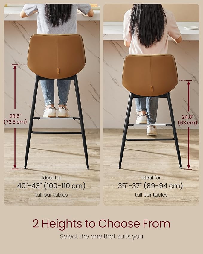 VASAGLE Bar Stools Set of 4, Counter Height Bar Stools with Back, Ergonomic Backrest, Synthetic Leather, Metal Legs, 24.8-Inch Tall Barstools for Kitchen Island Home Bar, Easy Assembly, Caramel Brown