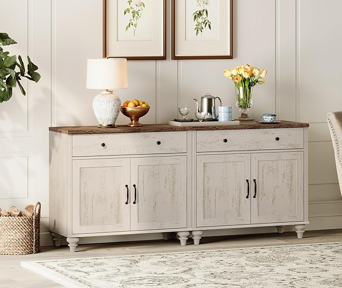 WAMAPT Modern Buffet Cabinet with 4 Doors and 2 Drawers, Large Coffee Bar Table Wood Kitchen Storage Cabinets, Farmhouse Sideboard Credenza for Dining Room, Rustic White