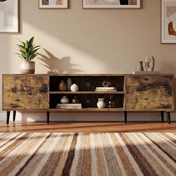 JUMMICO Mid-Century Modern TV Stand for 65-70 Inch TVs, 63 Inch Media Console with Storage, Entertainment Center with Push-Open Cabinets and Cable Management for Living Room (Rustic Brown, 63 Inches)