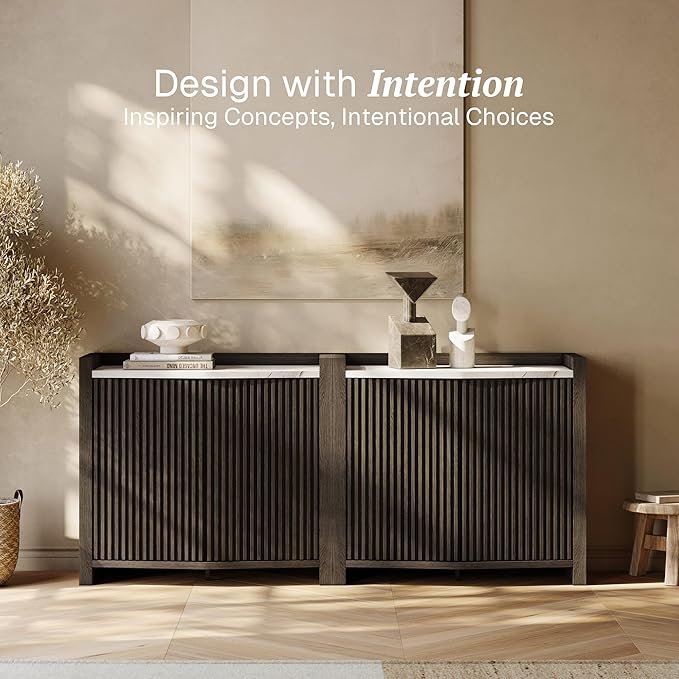 BELLEZE 105'' Modern Credenza with Adjustable Shelves, Set of 3 Modular Sideboard Buffet Cabinet with Storage,Fluted Black Console Table with Faux Marble Panel for Kitchen, Entryway, Dining Room