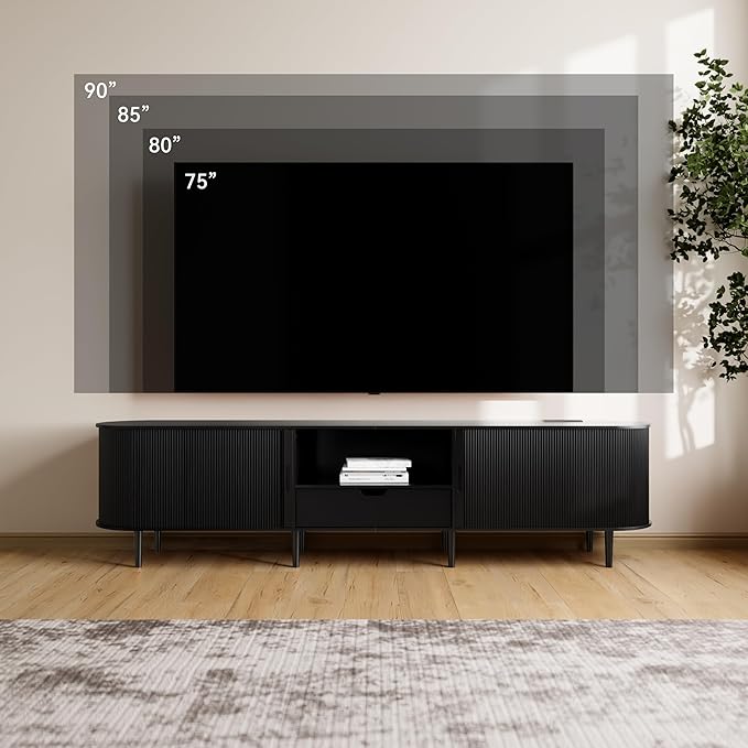 DHH 86.6" Fluted TV Stand with Power Outlet for TVs up to 90", TV Console with Adjustable Shelves and Sliding Door,Mid Century Modern Entertainment Center for Living Room,Bedroom (Black, 86.6Inch)