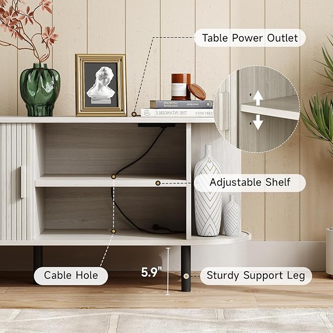 ONBRILL 55" TV Stand with Power Outlet for TVs up to 60 Inch, Entertainment Center with Storage and Adjustable Shelves, Modern Media Console with Sliding Doors for Living Room, Natural White