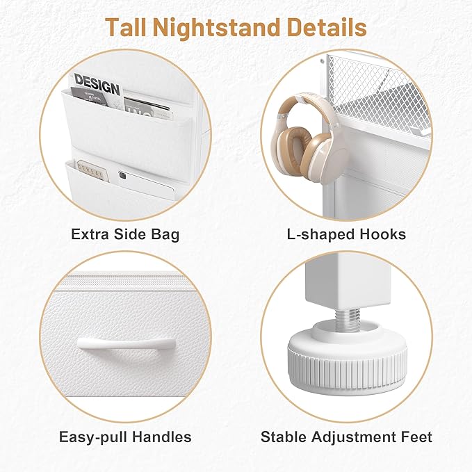 EnHomee Tall Nightstand with 5 Drawers, Night Stand with Charging Station and LED Light, Bedside Table with Extra Side Bag & Hooks, Dorm, Bedroom, Closet, Hallway, Entryway, Save Space, White