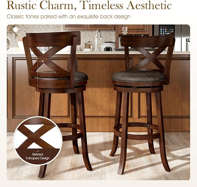 Sophia & William Swivel Bar Stools Set of 6, 30 Inch Bar Height Barstools with Cross Back & Solid Wood Legs, Kitchen Island Bar Chairs, Brown