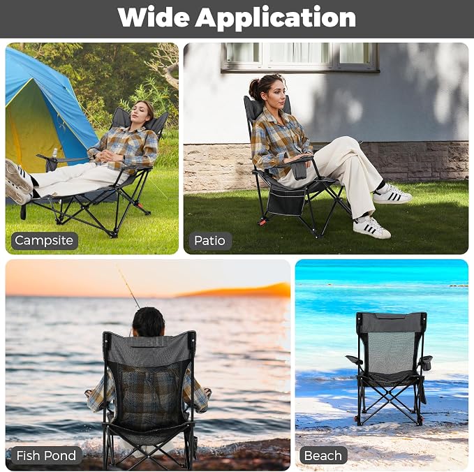 Goplus Camping Lounge Chair w/Detachable Footrest, Folding Beach Chair w/4-position Backrest, Carrying Bag, Removable Pillow, Cup Holder, Storage Pouch, Reclining Chair, 330LBS Capacity (Grey,2)