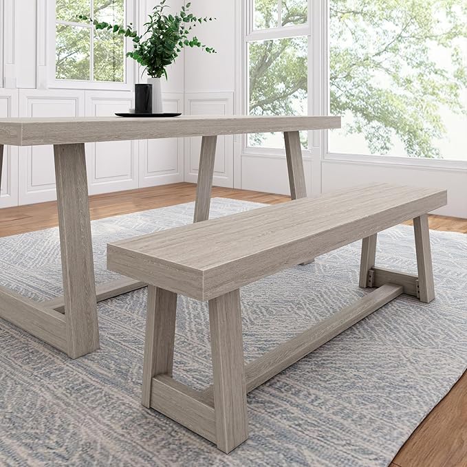 Plank+Beam 60 Inch Farmhouse Dining Bench, Solid Wood Entryway Bench, Wooden Outdoor Bench, Kitchen Dining Seat, Dining Room, Home Office, Living Room Furniture, Easy Assembly, Seashell Wirebrush