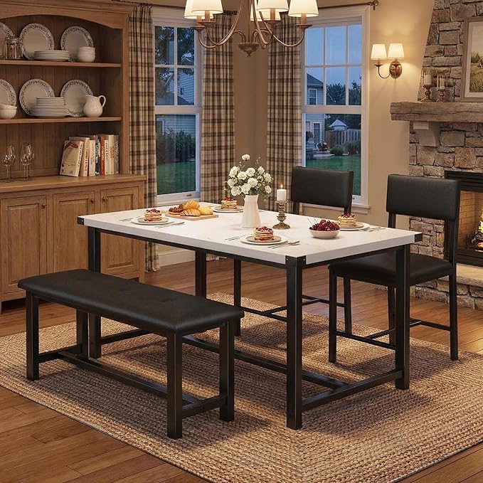 GarveeHome Dining Table Set for 4, Kitchen Table with 2 Upholstered Chairs and Bench, Wood Kitchen Dining Room Set, for Small Space, Apartment, Home, Kitchen, Marble White