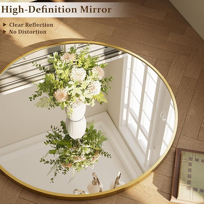 XRAMFY 40 Inch Round Mirror - Circle Mirrors for Bathroom, Entryway and Living Room Wall Decor, Modern Hanging Vanity Mirror, Matte Gold Circle Decorative Wall Mirror