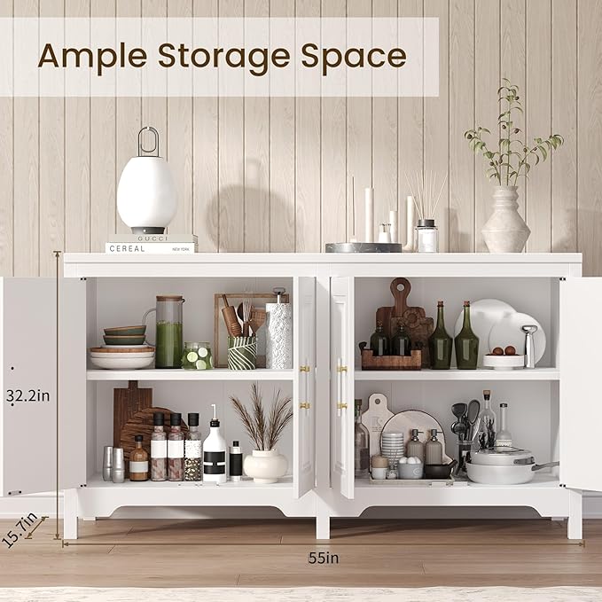 Jocoevol Buffet Cabinet with Storage, 55" Modern Farmhouse Sideboard Cabinet with Doors & Shelves, Kitchen Storage Cabinet for Kitchen Living Room,White