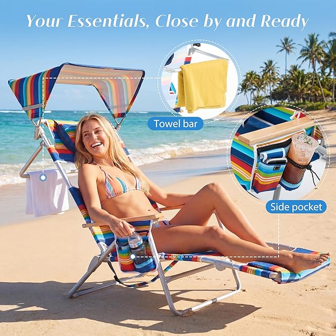 5-Positon Backpack Beach Chair, Portable Folding Tanning Chair, Double Shoulder Straps Beach Lounge Chair with Footrest, Face Hole, Towel Bar (Rainbow, 60.6" with Canopy)