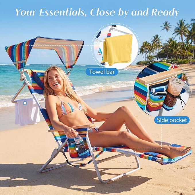5-Positon Backpack Beach Chair, Portable Folding Tanning Chair, Double Shoulder Straps Beach Lounge Chair with Footrest, Face Hole, Towel Bar (Red Blue, 60.6" with Canopy (Set of 2))
