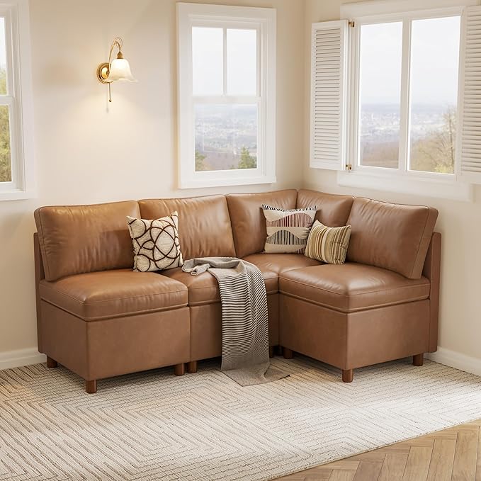 SITJOY Breakfast Nook Bench with Storage, Modular Corner Kitchen Banquette Seating, Dining Settee Couch, Upholstered Dining Bench with Back, Pet-Friendly Faux Leather in Brown, 4-Seat L Shaped Nook