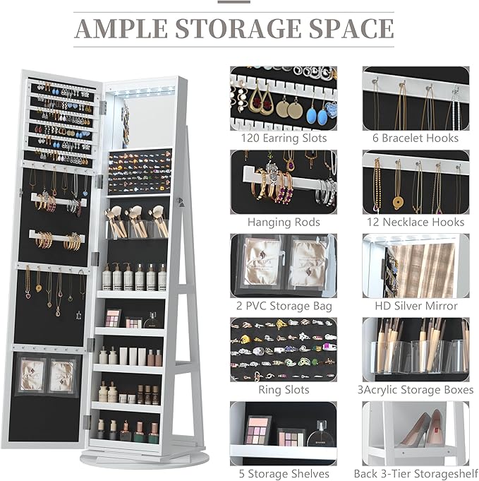 LVSOMT Mirror Jewelry Cabinet Standing, 360° Swivel Jewelry Armoire with 6 LED Lights and Interior Mirror, Full Length Mirror with Storage, Standing Lockable Jewelry Organizer, White