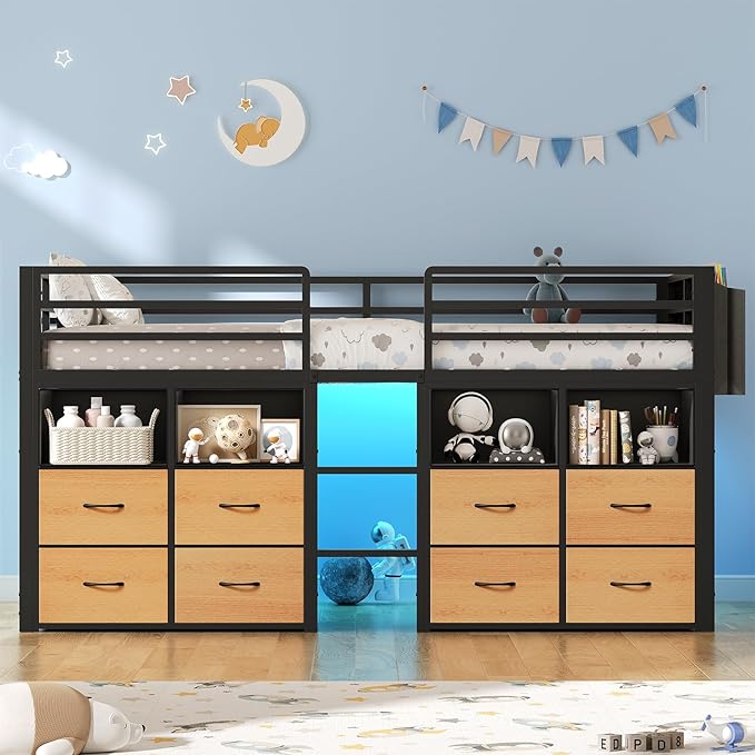 ADORNEVE Low Loft Bed Twin Size with 8 Storage Drawers, Twin Loft Bed with Bookcase and LED Lights, Metal Kids Loft Bed with 14" H Safety Guardrail, Under-Bed Play Space, No Box Spring Needed, Natural