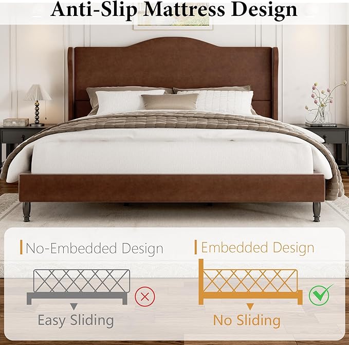 King Upholstered Bed Frame with Tall Headboard, Leather Platform Bed with Wingback Sides, Wood Slats Support, Noise-Free Design, No Box Spring Required, Easy Assembly, Dark Brown