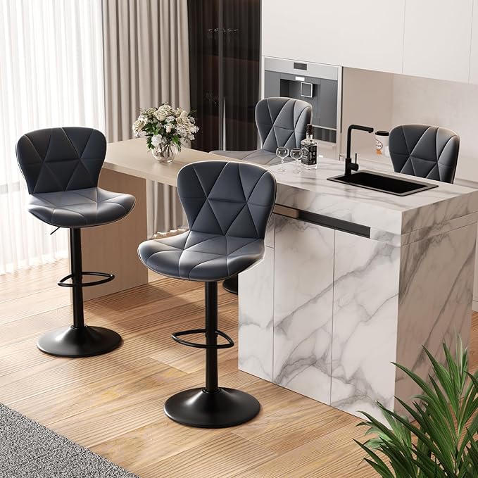 Nalupatio Modern Bar Stools Set of 4, Adjustable Faux Leather Upholstered Swivel Bar Stools, Counter Height Bar Chairs with Back for Kitchen Island, Dark Grey