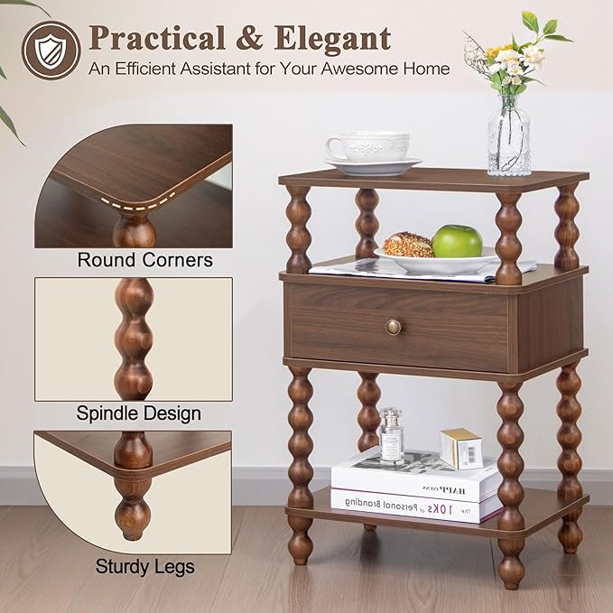 AWASEN Mid Century Modern Nightstand, Bedside Table with Storage, 3-Tier Small Night Stand End Table with Drawer for Bedroom &Solid Wood Spindle Legs, Walnut Brown