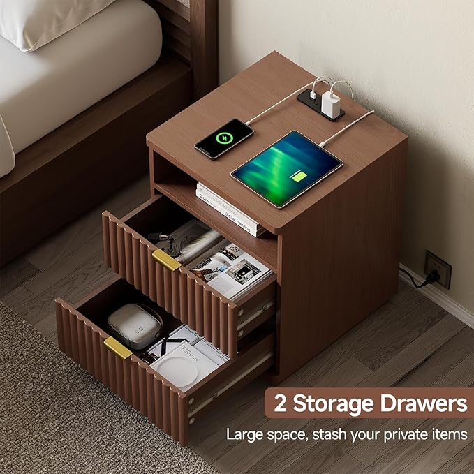 Nightstand with Charging Station, Night Stand with Open Shelf and 2 Drawers for Bedroom, Side Table Bedside Table with USB Ports & Outlets, Small Nightstand End Table (Walmut)