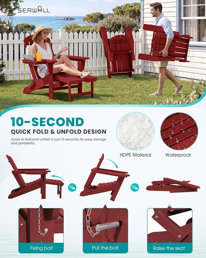 SERWALL Folding Adjustable Adirondack Chairs with Footrest Set of 2, HDPE Outdoor Chair with 4-in-1 Cup Holders, All Weather Adirondack Chair with Ottoman, Red